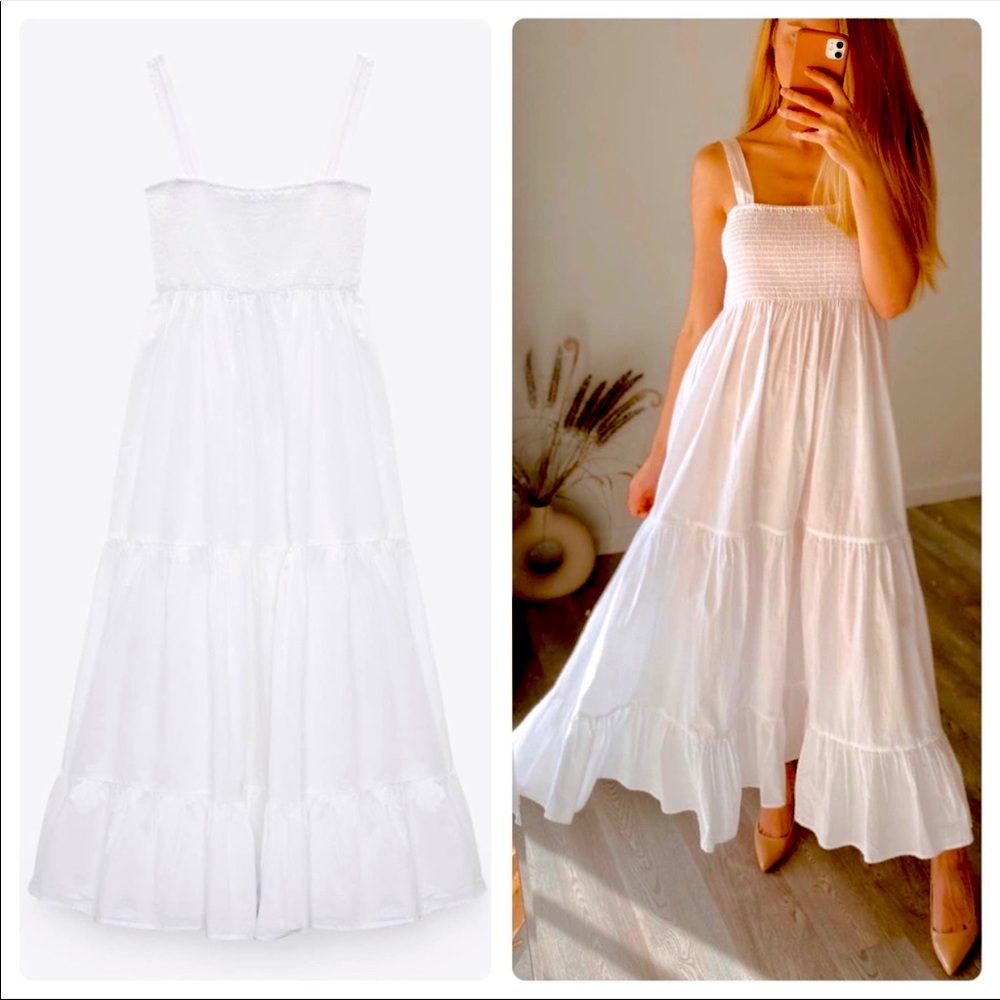New Zara Voluminous White Cotton Poplin Dress
Long Smocking New
